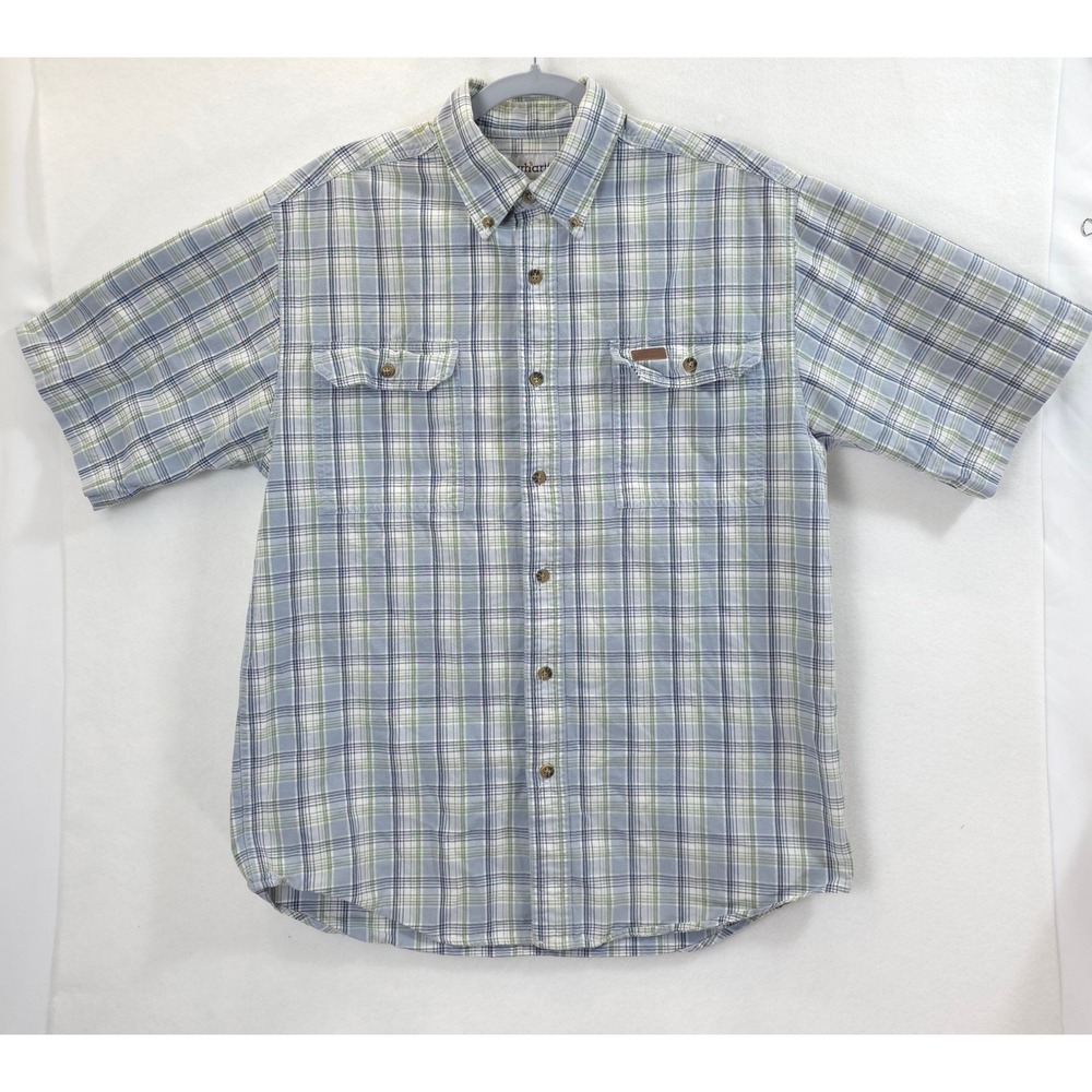 Carhartt Shirt Button Down Plaid Blue Green Short Sleeve Men M Workwear Rugged
